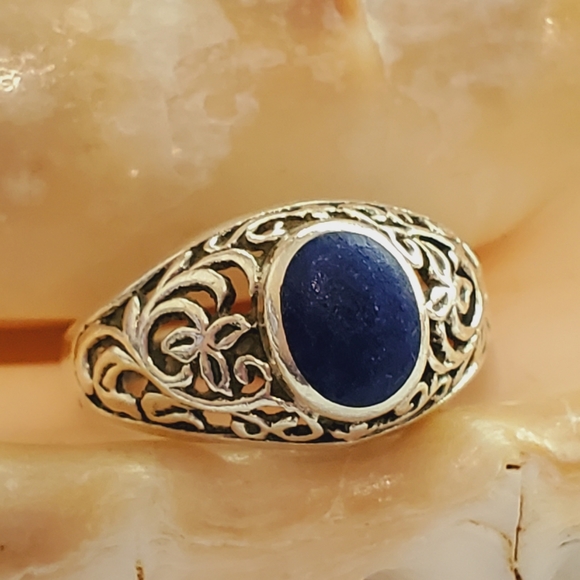 Sterling Filigree Rough Azurite Ring 7.5 - Picture 3 of 13